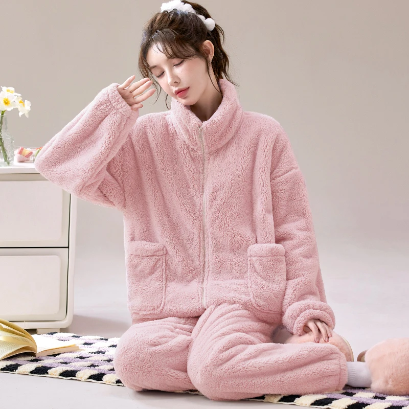 【多巴胺粉】加厚雪花绒秋冬季女士可外穿珊瑚绒家居服法兰绒睡衣