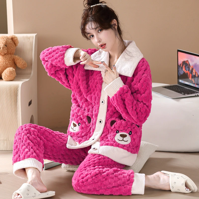 新款女家居服秋冬甜美可爱睡衣套装加绒加厚可外穿大码套装