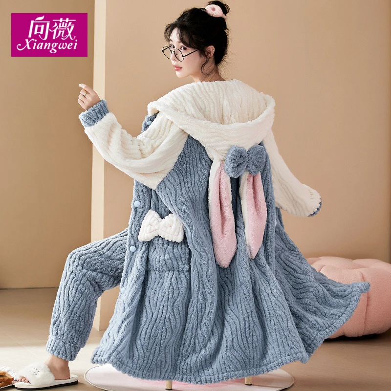 秋冬长款加绒兔子浴袍珊瑚绒睡袍女法兰绒睡衣冬可外穿家居服套装
