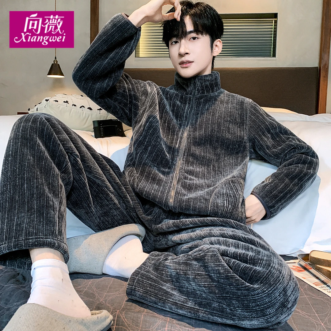 雪尼尔双面复合法兰绒家居服男士秋冬季宽松大码可外穿珊瑚绒睡