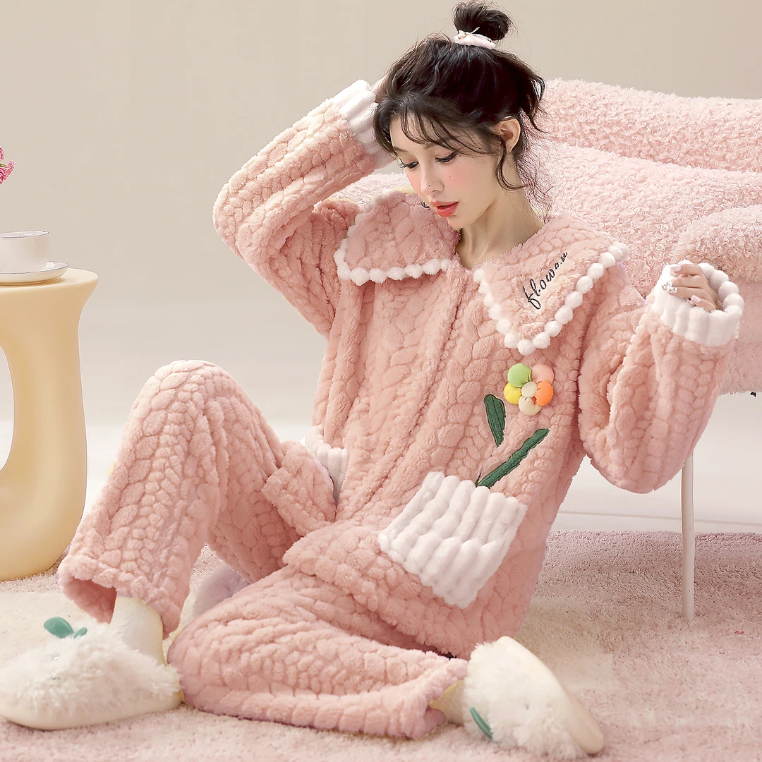 可外穿甜美可爱珊瑚绒毛绒睡衣套装柔软舒适暖绒秋冬法兰绒家居服
