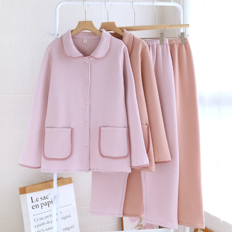 软呼呼~A类空气棉睡衣女纯棉三层夹棉厚款方领保暖纯色秋冬家居服