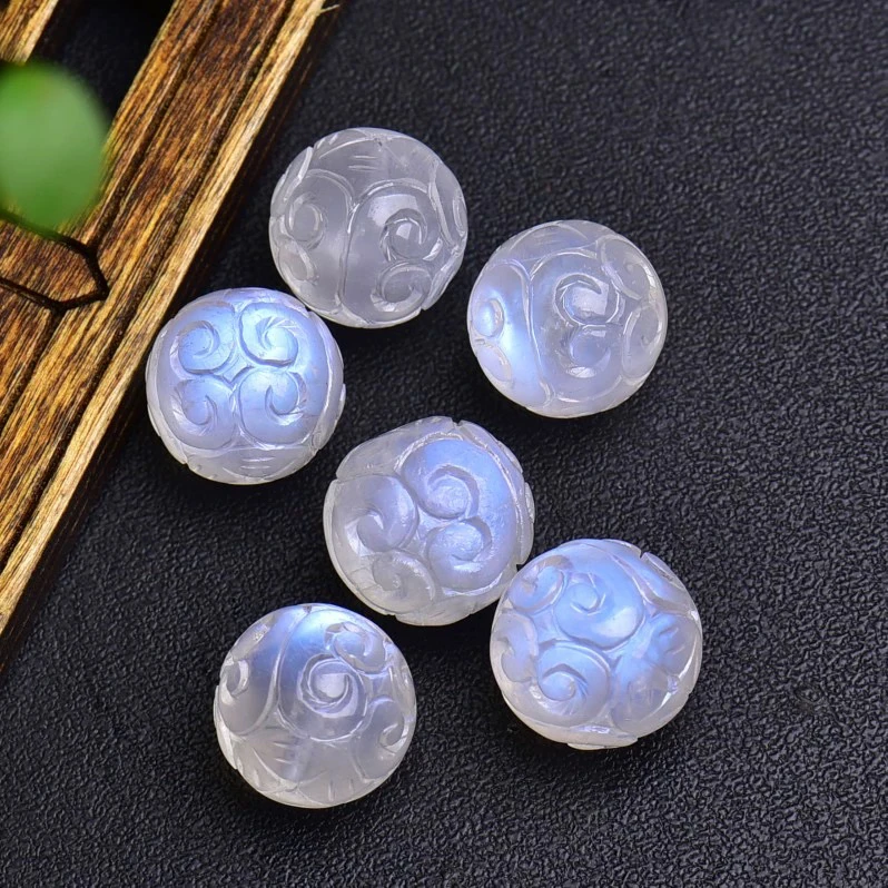 天然蓝月光回纹珠散珠 月光石雕刻龙纹珠diy多宝链文玩饰品配件