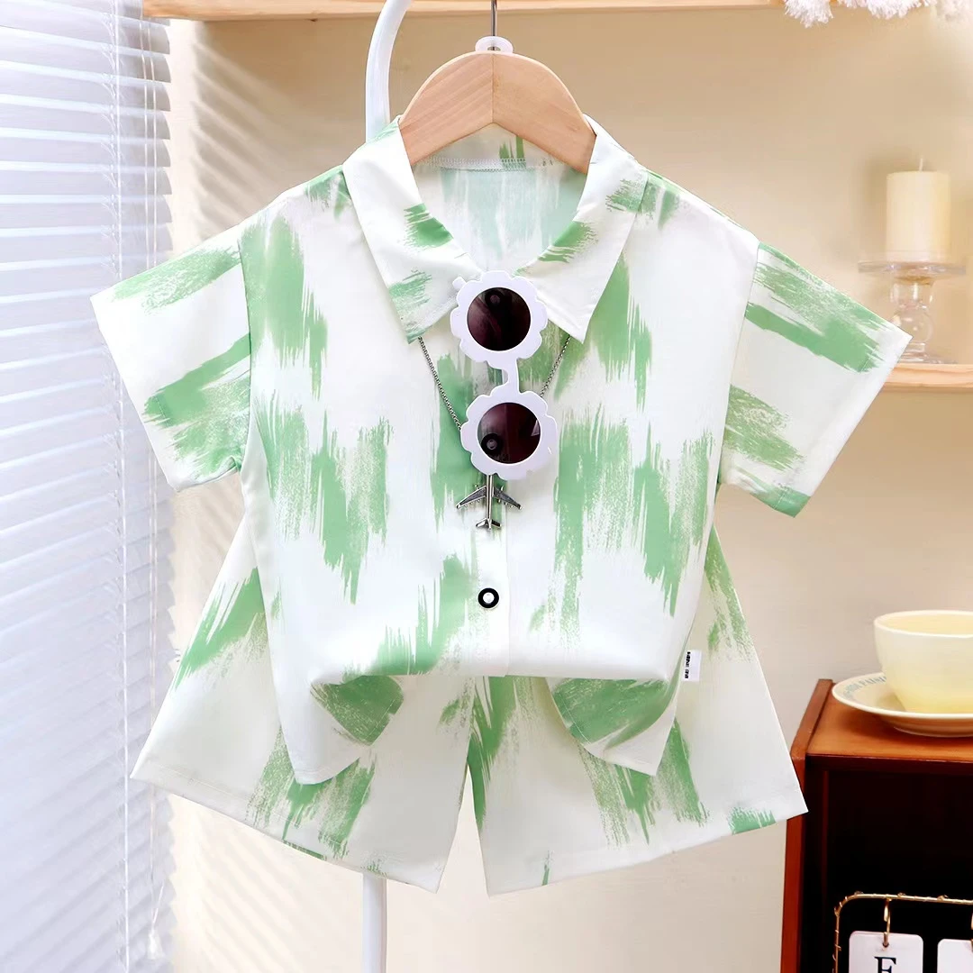 夏装韩版水墨衬衫洋气男孩衬衫短袖短裤两件套潮童女夏季儿童洋气