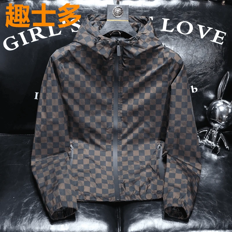 欧货高端春秋薄款夹克男士个性百搭格子印花修身上衣户外潮流外套