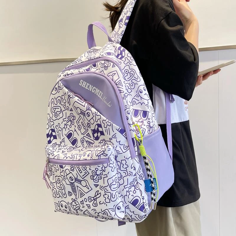 复古安踏踏实书包女初中生涂鸦大容量韩版ins风中学生背包男新款