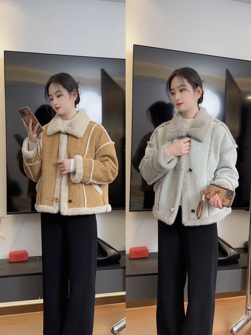 【原版】超暖2024冬季新款翻领毛毛外套女短款韩版宽松加厚一体外套