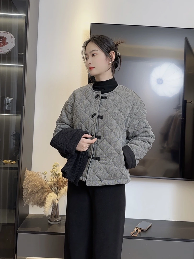 图图吖」高级灰菱格竹节扣加厚棉衣短款秋冬小个子外套