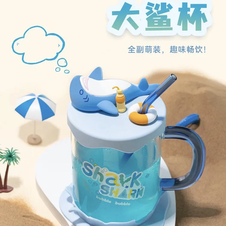 摸鱼禁止优选 玻璃杯喝水杯子高颜值透明鲨鱼杯办公室吸管大容量
