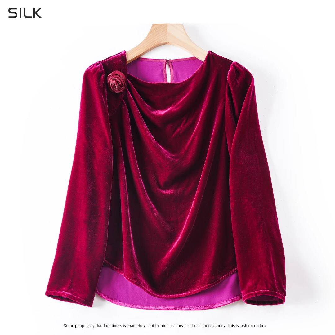 100%桑蚕丝基布丝绒高档女装秋冬百搭气质时尚套头长袖真丝卫衣