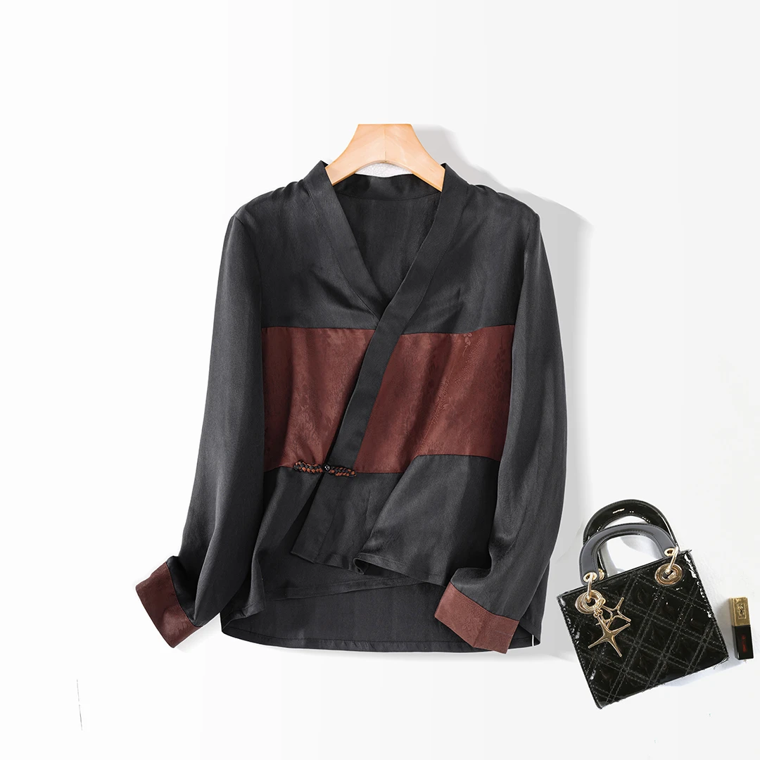 100%桑蚕丝香云纱新中式长袖高端女装宽松V领百搭真丝上衣