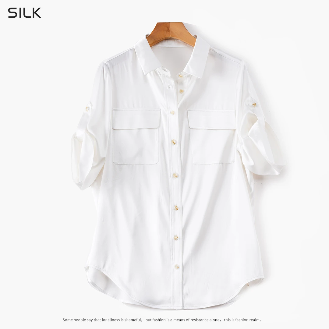 92%桑蚕丝螺纹真丝衬衫休闲白色短袖夏季宽松透气百搭高端女装