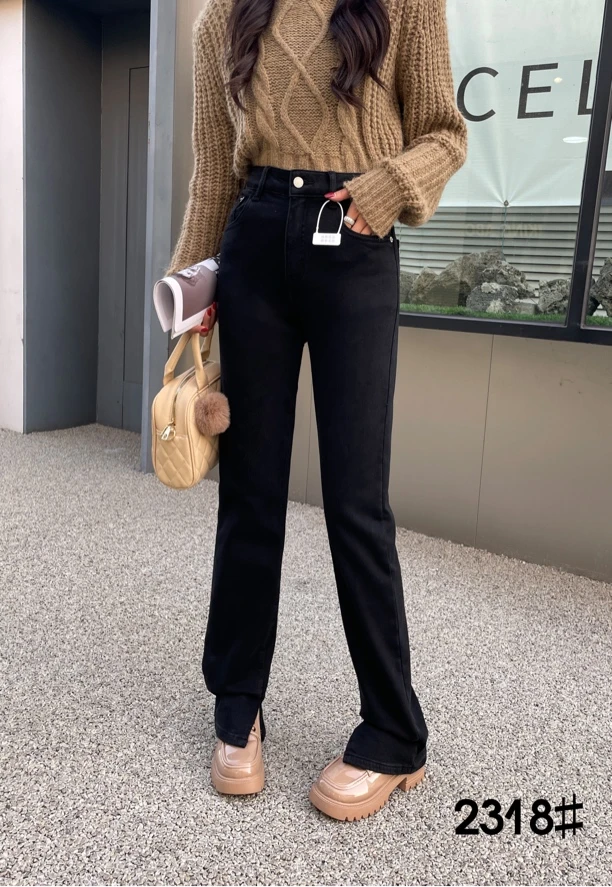 休闲抓绒烟管裤脚开叉牛仔裤高街长裤韩版加绒秋冬显瘦时尚弹力