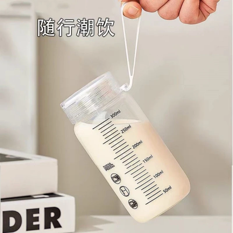 玻璃杯耐高温防爆玻璃学生牛奶杯刻度杯家用大肚带盖可爱耐热