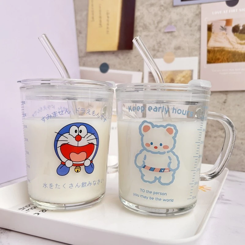 ins吸管杯可爱学生水杯家用儿童早餐牛奶杯带刻度带把手玻璃杯子