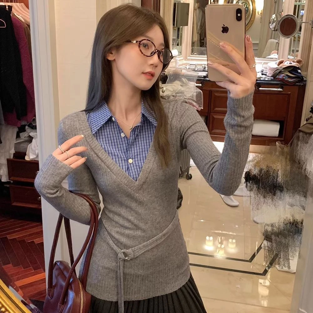 polo领格子拼接假两件针织衫女秋季修身收腰内搭打底衫灰色上衣服