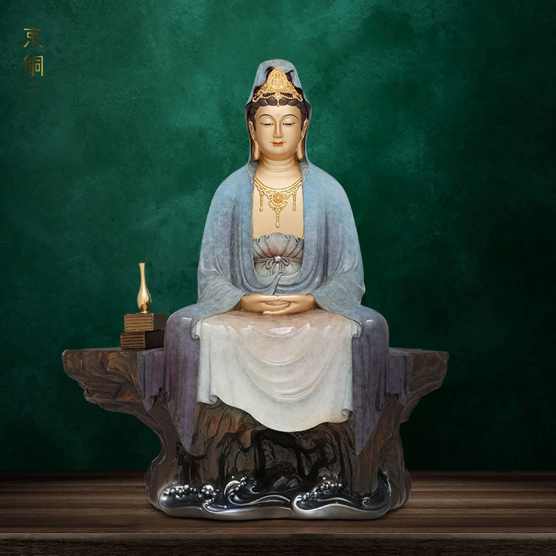 京铜高温着色传承禅定观音黄铜纯手工铸造铜摆件家居摆件工艺摆件