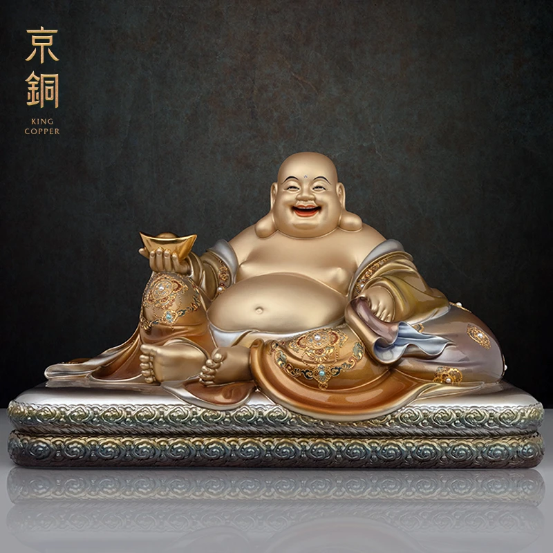 京铜黄铜掐丝珐琅镶宝元宝弥勒纯手工铸造铜摆件家居摆件工艺摆件