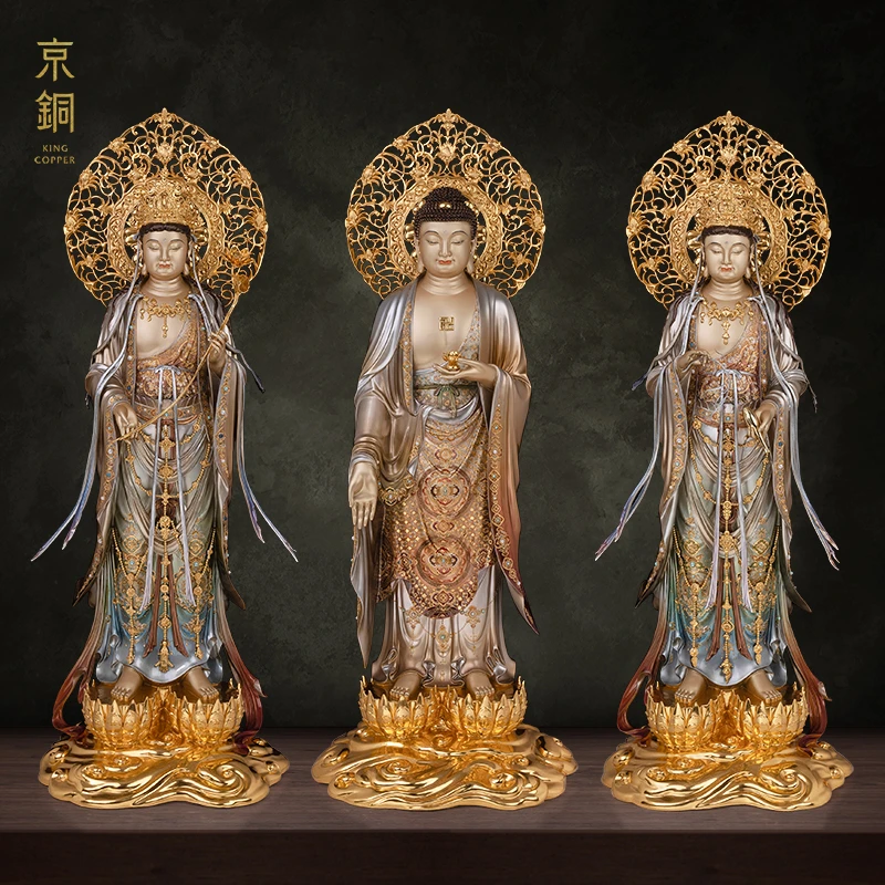 京铜双莲掐丝珐琅镶宝西方三圣阿弥陀佛大势至观音纯手工黄铜摆件