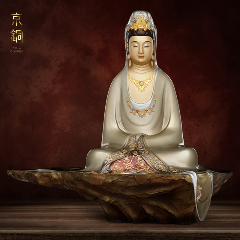 京铜黄铜掐丝珐琅镶金自在观音纯手工铸造铜摆件家居摆件工艺摆件