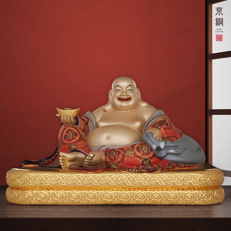 京铜黄铜满工彩绘拿元宝弥勒纯手工铸造铜摆件家居摆件工艺摆件