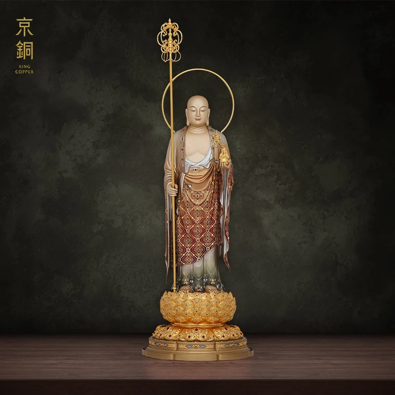 黄铜掐丝珐琅镶宝繁花站地藏王菩萨佛像古法纯手工原创工艺品摆件