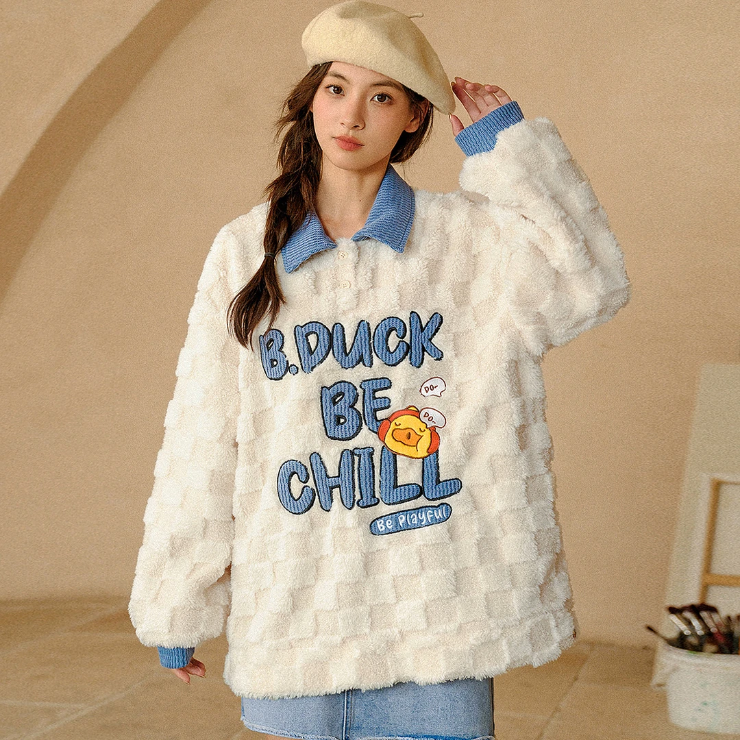 B.Duck小黄鸭随笔插画2025年冬季款蓝白撞色宽松毛绒棋盘格卫衣