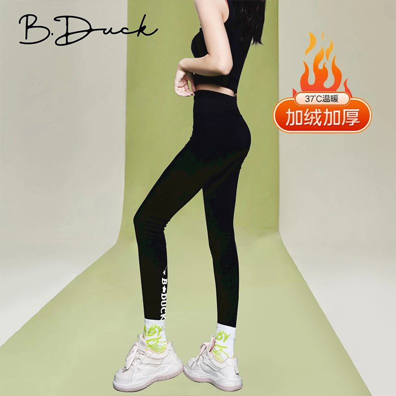B.Duck保暖高腰打底裤冬款加绒加厚黑色弹力小脚裤可外穿温暖长裤