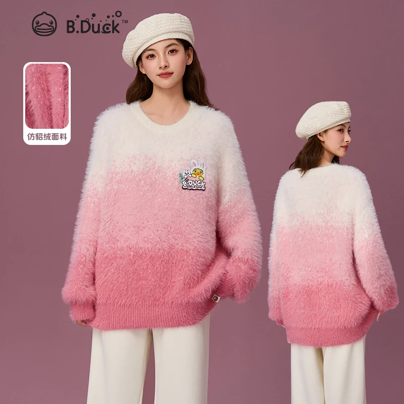 B.Duck小黄鸭渐变粉色提花毛衣2025年秋冬季毛绒新品宽松慵懒甜美