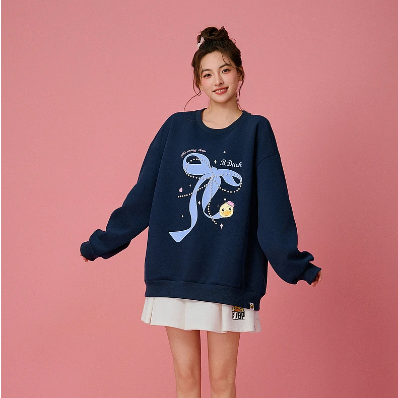 【蝴蝶结】B.Duck小黄鸭2025早春新款运动芭蕾风宽松圆领蓝色卫衣