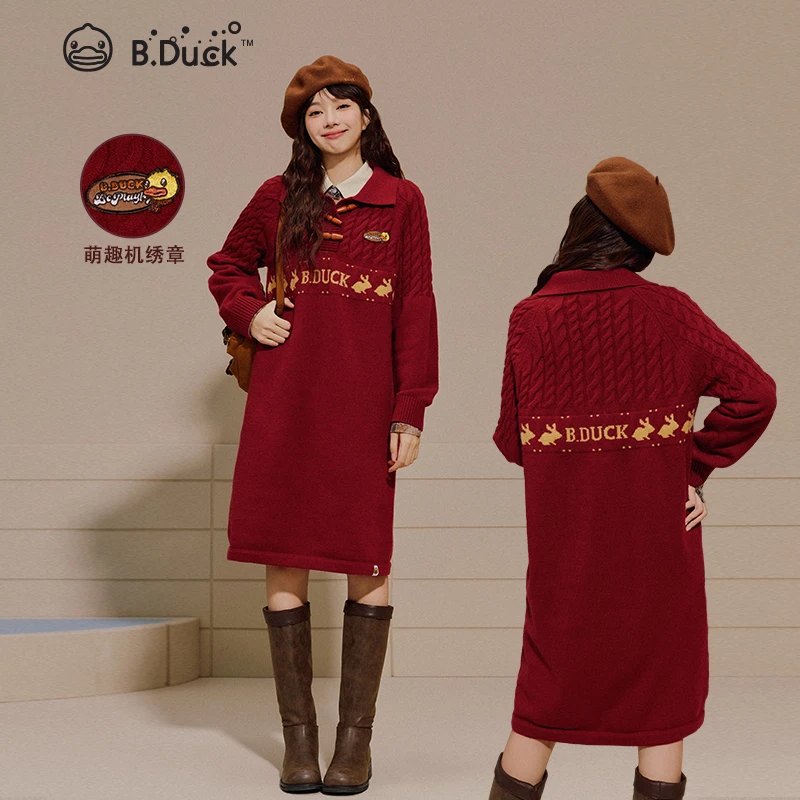 B.Duck复古学院针织红色毛衣裙2024秋冬季本命年复古红显白红裙