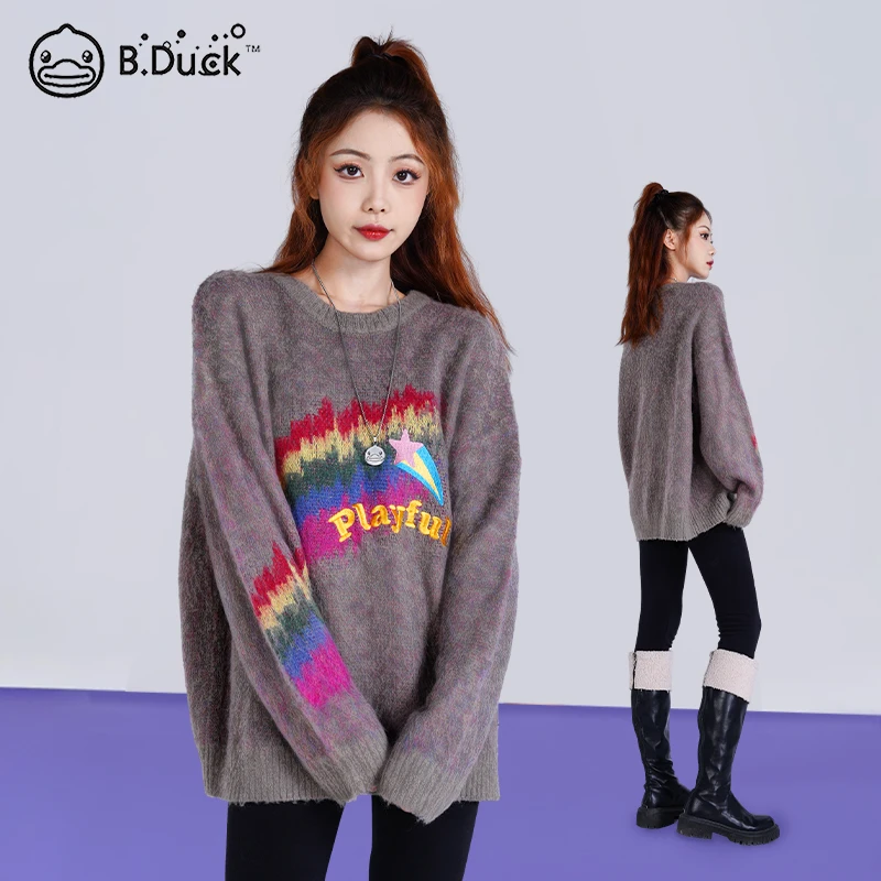 B.Duck小黄鸭2024秋冬新款韩版宽松圆领百搭提花毛衫慵懒风毛衣女