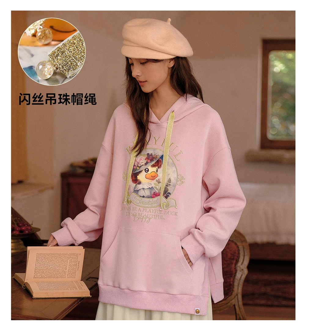 B.Duck小黄鸭BUFFY复古宫廷春季新款宽松少女风粉色宽松连帽卫衣