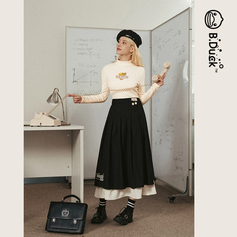 B.Duck小黄鸭简约学院2024秋季新款双层假两件A字半身裙黑色伞裙