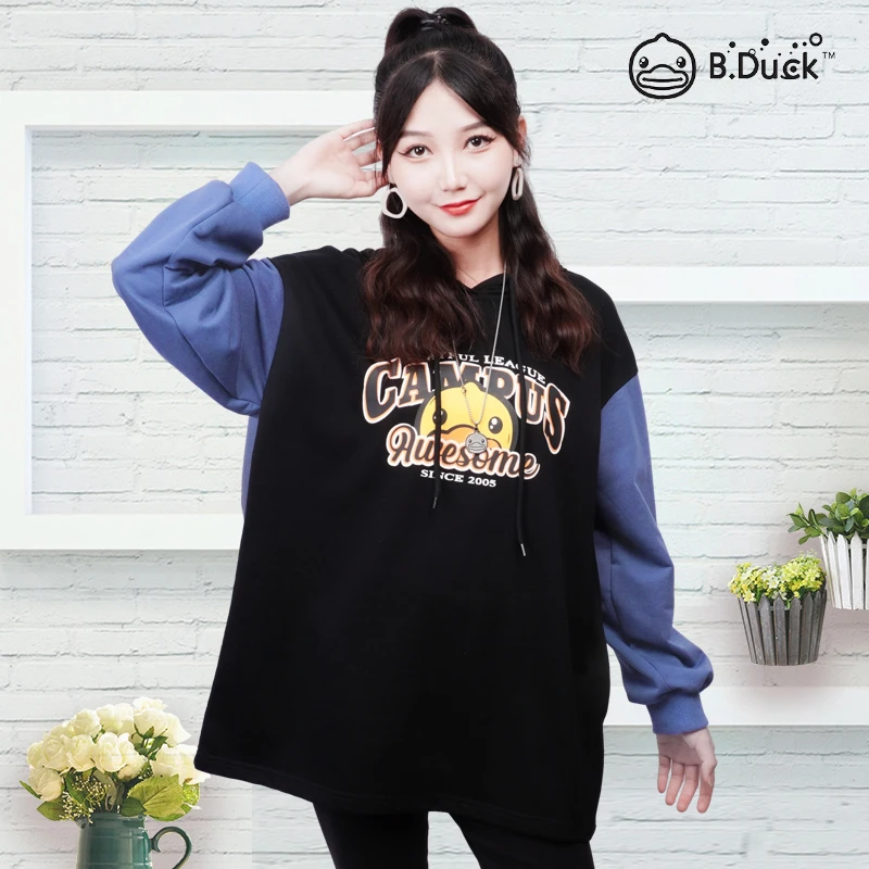 B.Duck小黄鸭秋冬2024新款复古拼色连帽卫衣宽松印花时尚百搭上衣