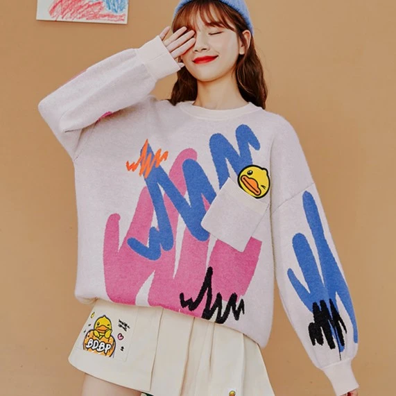 B.Duck小黄鸭女装慵懒风秋冬季毛衣宽松套头甜酷字母涂鸦提花毛衫