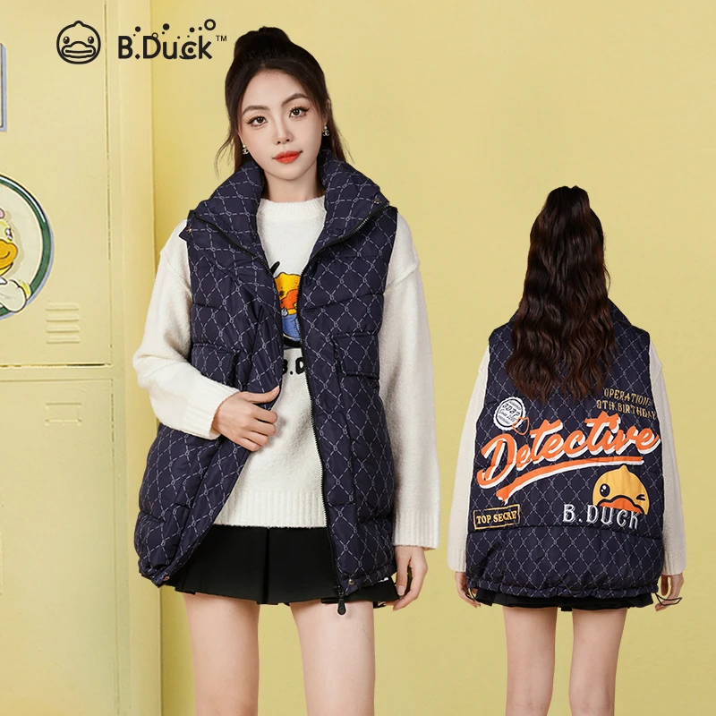 B.Duck小黄鸭2025冬季加厚保暖棉服马夹时尚印花百搭情侣宽松马甲