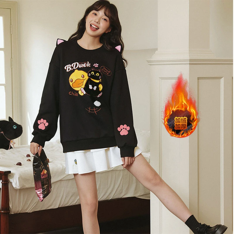 【加绒加厚】B.Duck小黄鸭趣味猫咪系列2024年冬款立体猫耳可爱卫衣