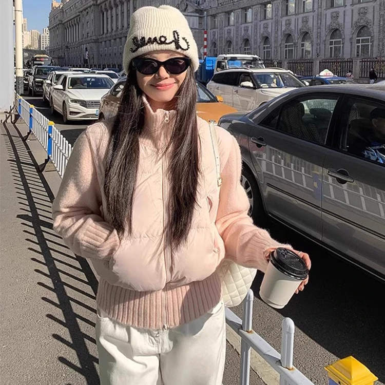 法式粉色立领针织拼接棉服女冬季韩版修身显瘦短款棉衣外套潮