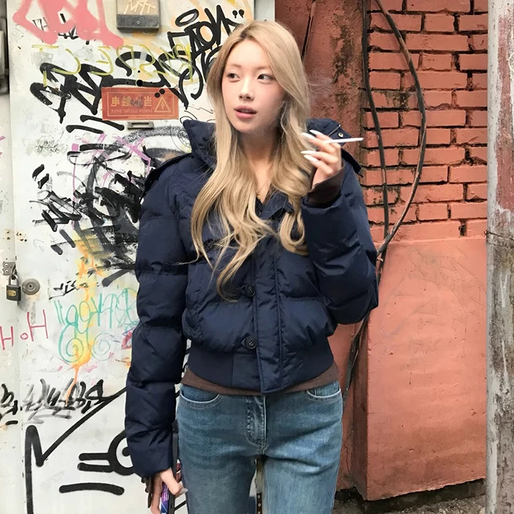 美式复古毛领连帽短款棉服外套女冬季2025年新款休闲藏青色面包服