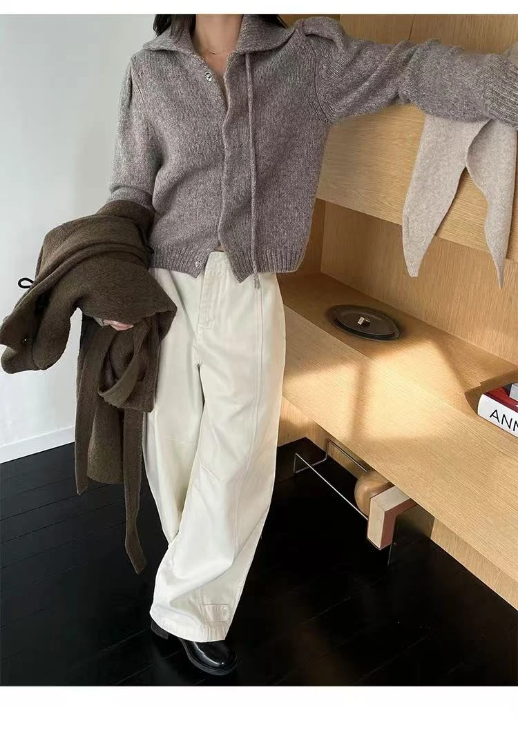 【素简】冬季新款暗门襟高比例羊毛开衫绑带设计保暖上衣03706