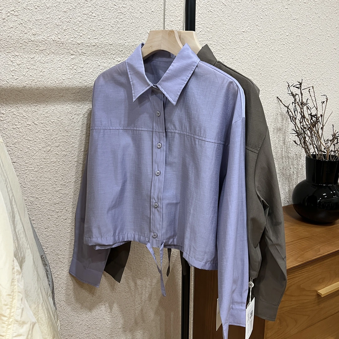 【素简】翻领设计感抽绳收腰衬衫秋季休闲短款长袖上衣03522