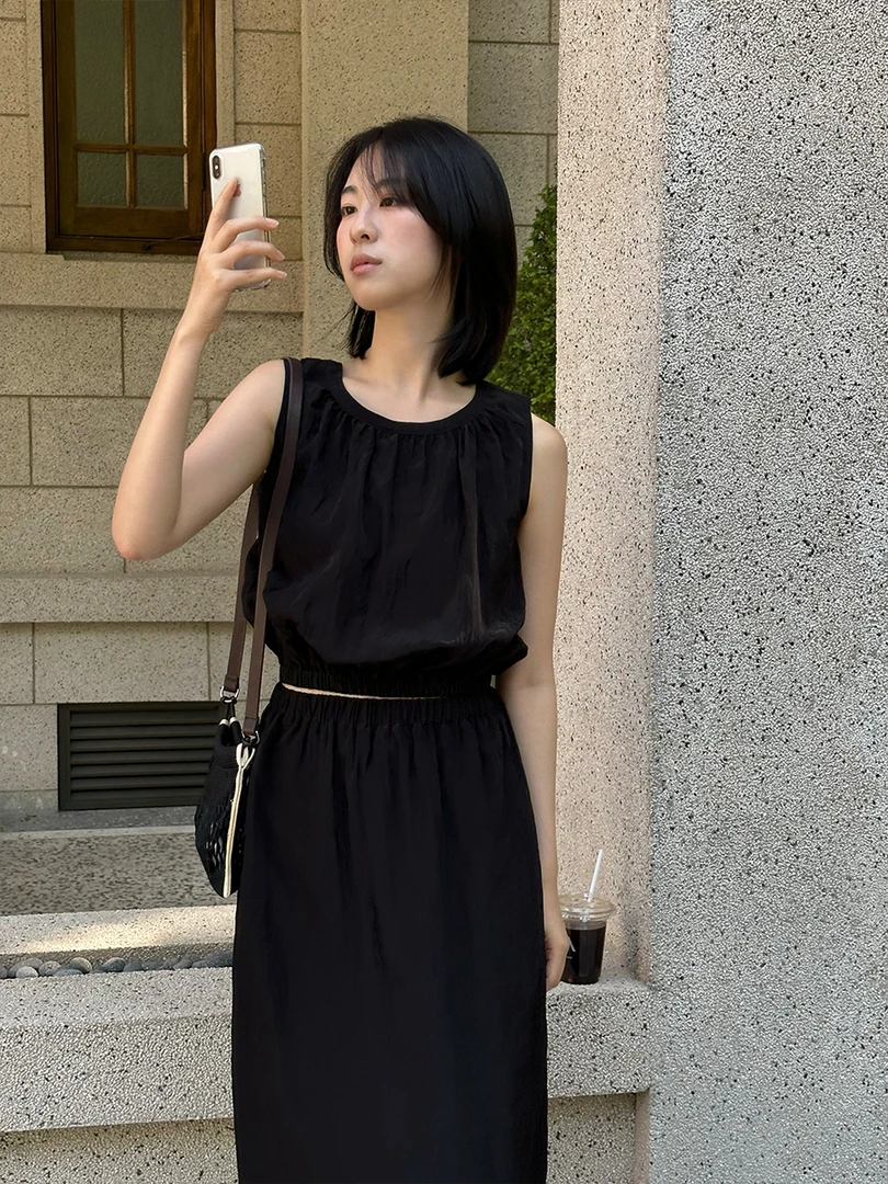 [素简】微皱肌理感休闲背心韩版气质百搭橡筋下摆上衣41551
