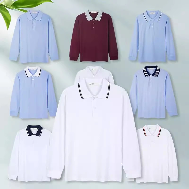 中小学生校服内搭蓝色t恤长袖秋冬加绒翻领男生POLO衫打底衫女生