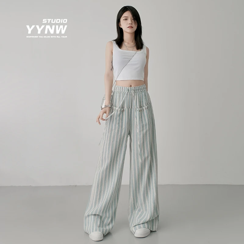 YYNW条纹阔腿裤女2024夏季新款高腰显瘦垂感慵懒休闲裤拖地直筒裤