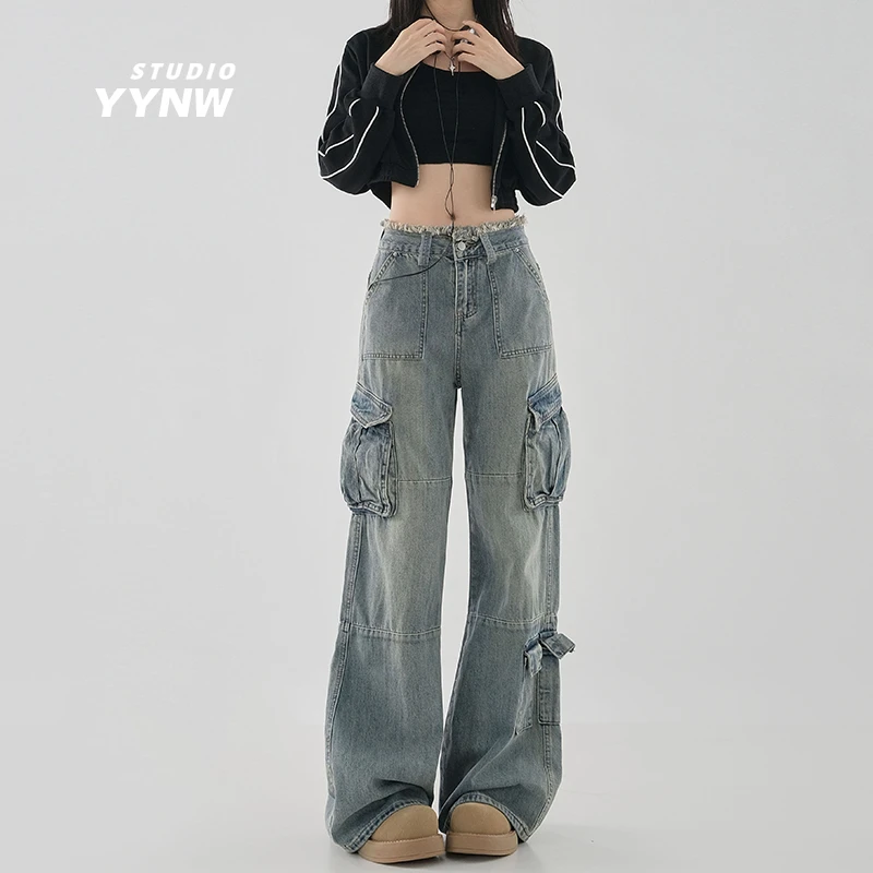 YYNW美式高街多口袋工装牛仔裤女新款高腰毛边设计感小众阔腿裤潮