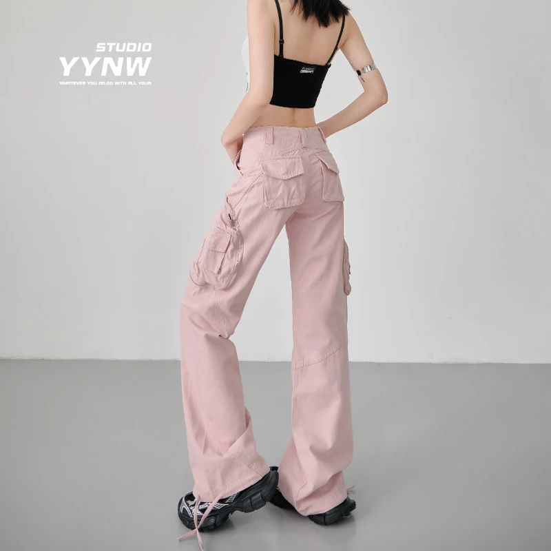 YYNW2024夏季新款美式复古宽松休闲工装微喇叭裤女重工多口袋裤子