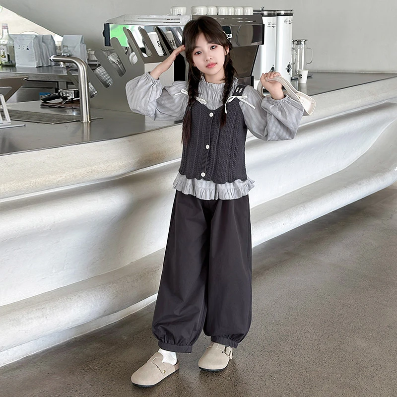 【匹诺潮童】女童毛线马甲套装2024秋款洋气女孩中大童束脚裤三件套