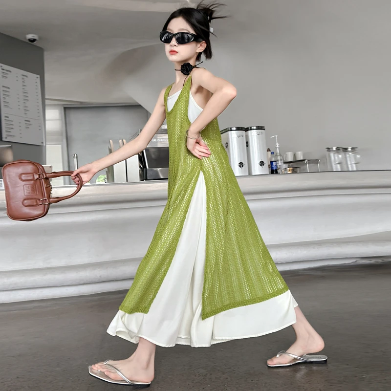 【匹诺潮童】女童2024夏背心裙套装慵懒风海边度假中大童长裙两件套