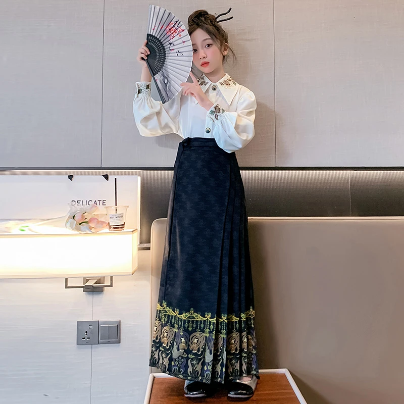 【匹诺潮童】女童秋季新款马面裙套装时尚复古中大童中式衬衣两件套